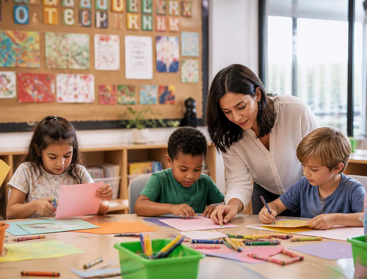 Alunos em atividade escolar criativa com a professora