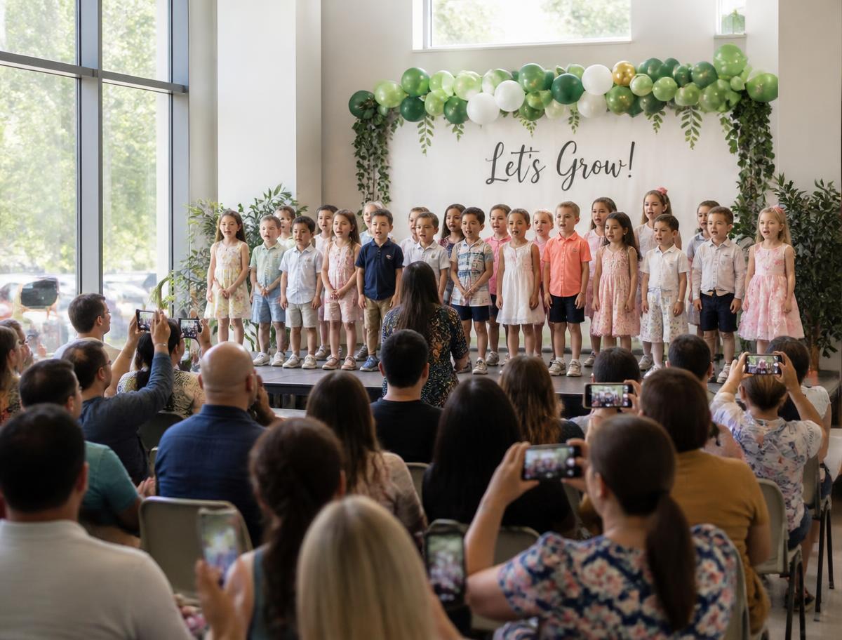 Apresentação de crianças em evento escolar com as famílias
